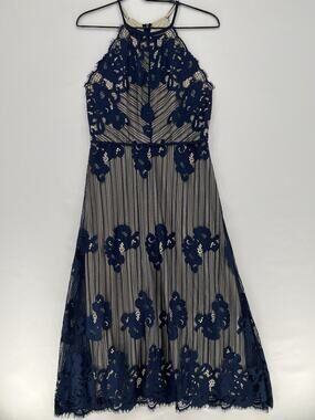Navy Lace Midi Dress Womens Medium Cocktail Wedding Guest Formal Fit Flare